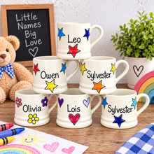 Load image into Gallery viewer, Personalised Ceramic Mug – Hand Painted Hearts, Stars, Flowers or Spots – Custom Name Cup