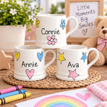 Load image into Gallery viewer, Personalised Ceramic Mug – Hand Painted Hearts, Stars, Flowers or Spots – Custom Name Cup