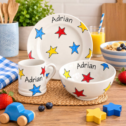 Personalised Ceramic Dinner Set – Hand Painted Plate, Bowl & Mug