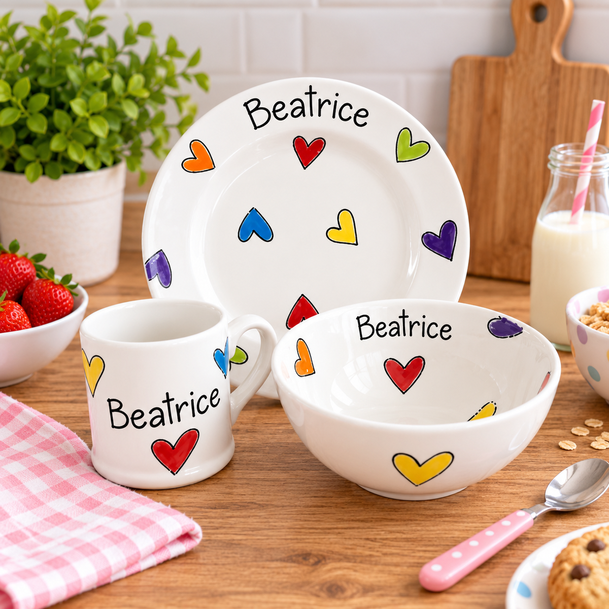 Personalised Ceramic Dinner Set – Hand Painted Plate, Bowl & Mug
