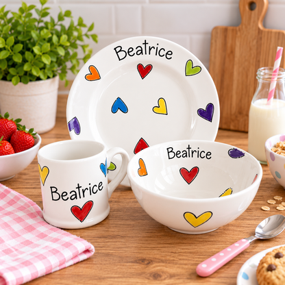 Personalised Ceramic Dinner Set – Hand Painted Plate, Bowl & Mug