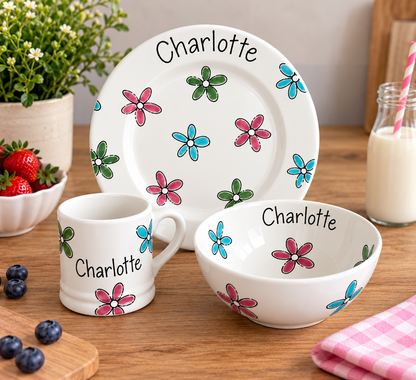 Personalised Ceramic Dinner Set – Hand Painted Plate, Bowl & Mug