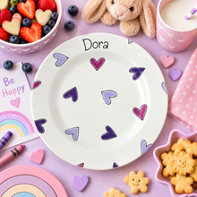 Load image into Gallery viewer, Personalised Ceramic Plate – Hand Painted Name Plate, Hearts, Stars, Flowers &amp; Spots