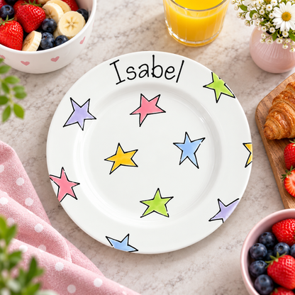 Personalised Ceramic Plate – Hand Painted Name Plate, Hearts, Stars, Flowers & Spots