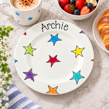 Load image into Gallery viewer, Personalised Ceramic Plate – Hand Painted Name Plate, Hearts, Stars, Flowers &amp; Spots