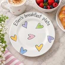 Load image into Gallery viewer, Personalised Ceramic Plate – Hand Painted Name Plate, Hearts, Stars, Flowers &amp; Spots