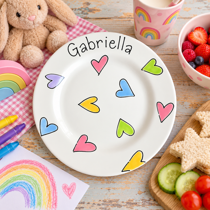 Personalised Ceramic Plate – Hand Painted Name Plate, Hearts, Stars, Flowers & Spots