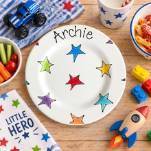 Load image into Gallery viewer, Personalised Ceramic Plate – Hand Painted Name Plate, Hearts, Stars, Flowers &amp; Spots