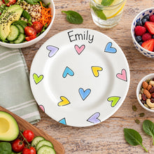 Load image into Gallery viewer, Personalised Ceramic Plate – Hand Painted Name Plate, Hearts, Stars, Flowers &amp; Spots