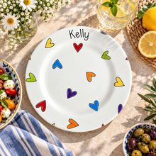 Load image into Gallery viewer, Personalised Ceramic Plate – Hand Painted Name Plate, Hearts, Stars, Flowers &amp; Spots
