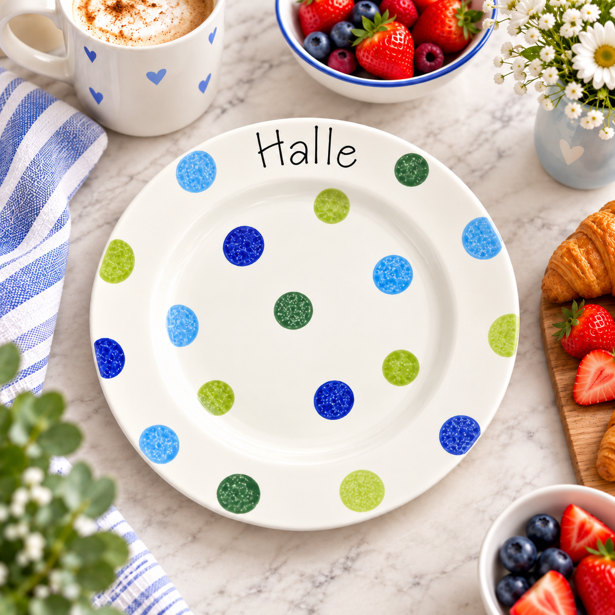 Personalised Ceramic Plate – Hand Painted Name Plate, Hearts, Stars, Flowers & Spots