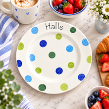 Load image into Gallery viewer, Personalised Ceramic Plate – Hand Painted Name Plate, Hearts, Stars, Flowers &amp; Spots