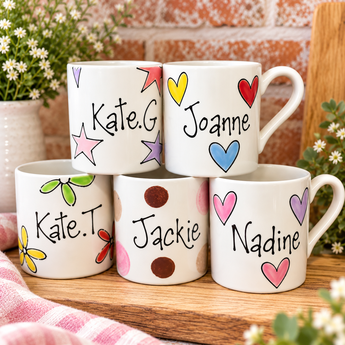 Personalised Ceramic Mug – Hand Painted Name Mug, Hearts, Stars, Flowers & Spots