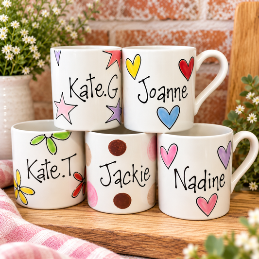 Personalised Ceramic Mug – Hand Painted Name Mug, Hearts, Stars, Flowers & Spots