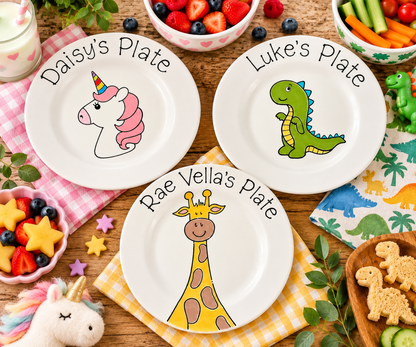 Personalised Kids Animal Plate – Hand Painted Ceramic Giraffe, Dinosaur & Unicorn Plate