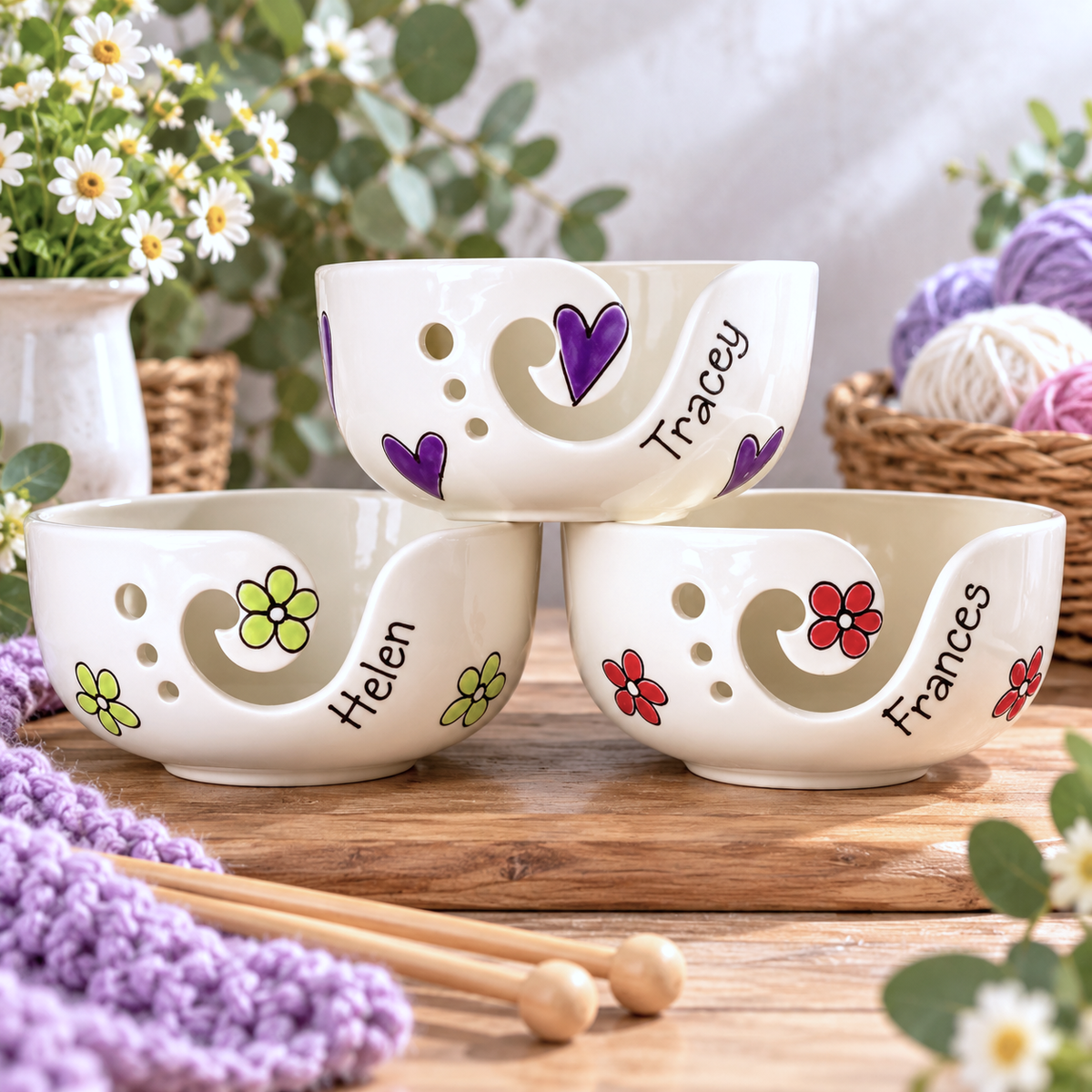 Personalised Ceramic Yarn Bowl – Hand Painted Knitting & Crochet Gift