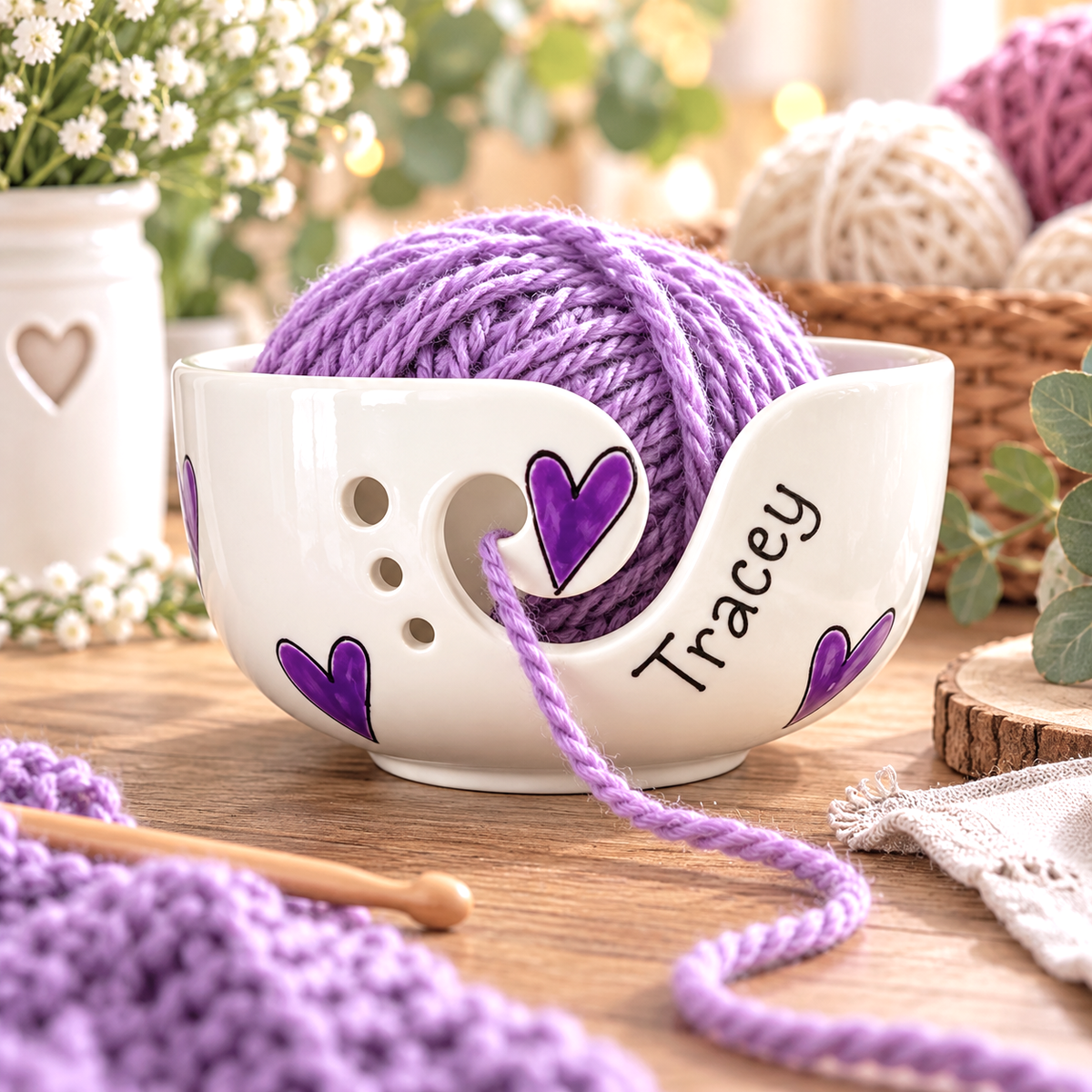 Personalised Ceramic Yarn Bowl – Hand Painted Knitting & Crochet Gift