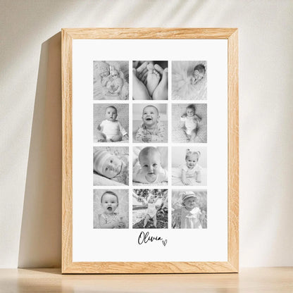 Personalised Baby 12 Photo Collage Print & Frame – Baby Keepsake Gift