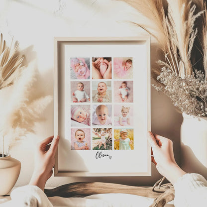 Personalised Baby 12 Photo Collage Print & Frame – Baby Keepsake Gift