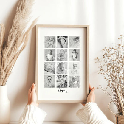 Personalised Baby 12 Photo Collage Print & Frame – Baby Keepsake Gift