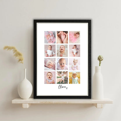 Personalised Baby 12 Photo Collage Print & Frame – Baby Keepsake Gift