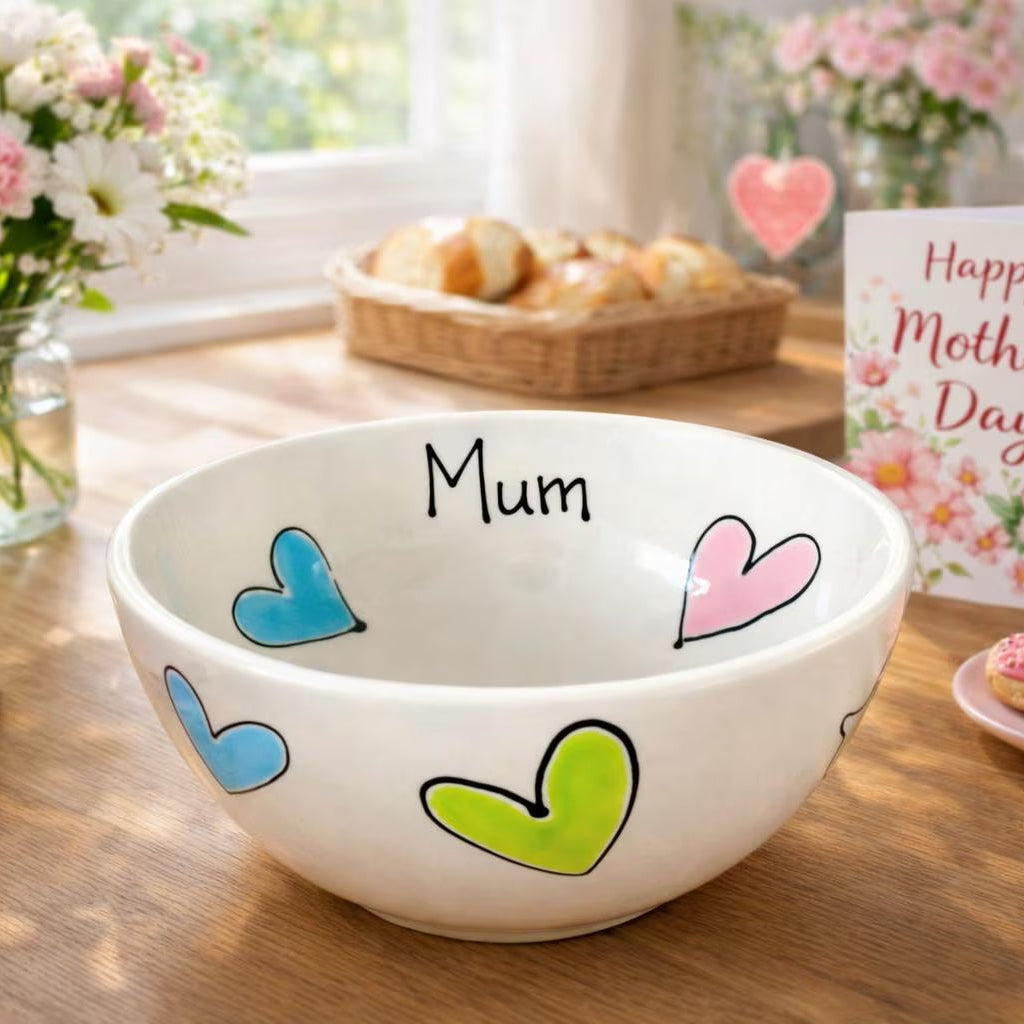 Personalised Ceramic Bowl – Hand Painted Hearts, Stars, Flowers or Spots