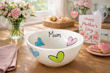 Load image into Gallery viewer, Personalised Ceramic Bowl – Hand Painted Hearts, Stars, Flowers or Spots