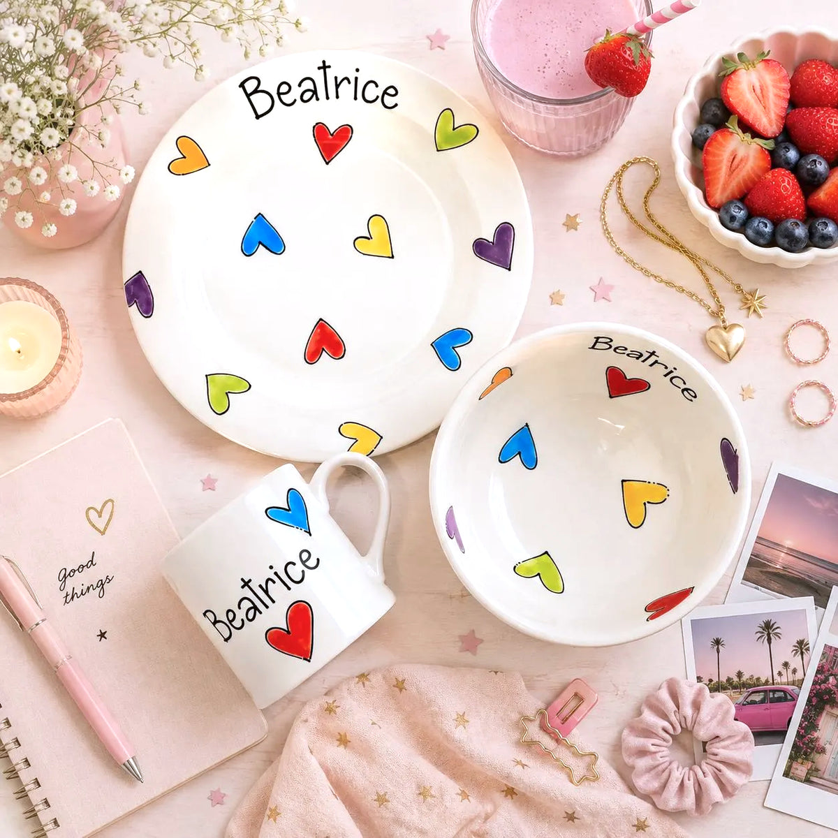Personalised Ceramic Dinner Set – Hand Painted Plate, Bowl & Mug