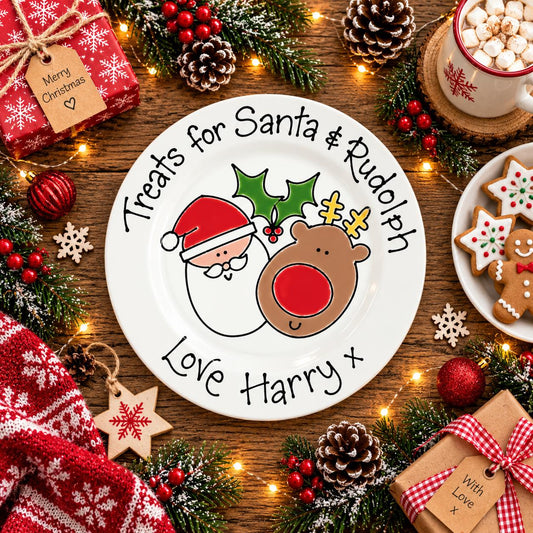 Personalised Treats for Santa & Rudolf Plate – Hand Painted Christmas Ceramic Plate & Mug Set