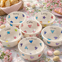 Load image into Gallery viewer, Personalised Ceramic Bowl – Hand Painted Hearts, Stars, Flowers or Spots