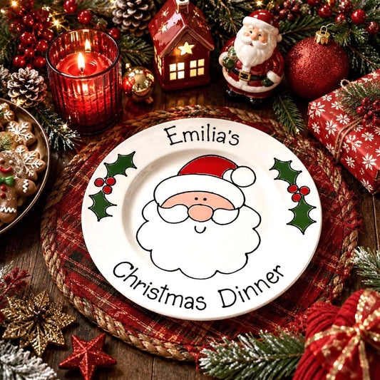 Personalised Christmas Dinner Plate & Set – Hand Painted Santa Ceramic Plate, Bowl & Mug
