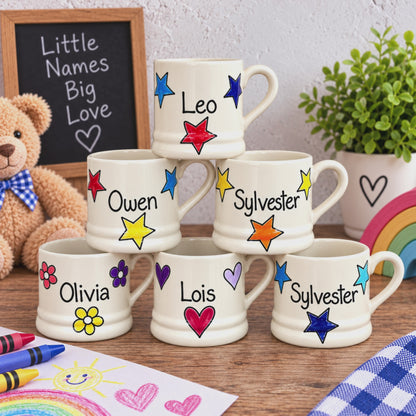Personalised Ceramic Mug – Hand Painted Hearts, Stars, Flowers or Spots – Custom Name Cup