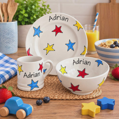 Personalised Ceramic Dinner Set – Hand Painted Plate, Bowl & Mug
