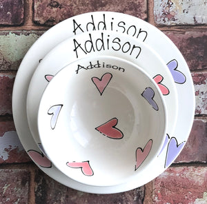 9013 - Personalised Hand Painted Ceramic Dinner Plate, Side Plate & Bowl Set