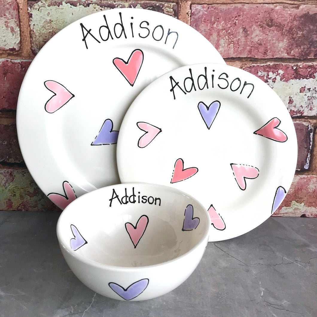 9013 - Personalised Hand Painted Ceramic Dinner Plate, Side Plate & Bowl Set