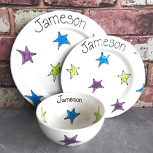 Load image into Gallery viewer, 9013 - Personalised Hand Painted Ceramic Dinner Plate, Side Plate &amp; Bowl Set