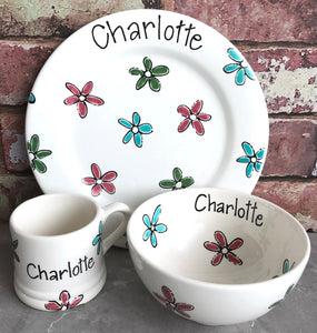 9008 - Personalised Hand Painted Ceramic Plate, Bowl & Mug Set